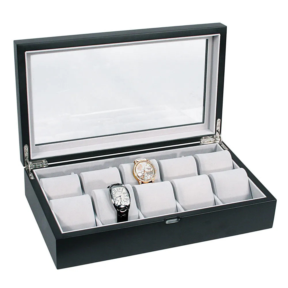 10 Satin Black Finish Wood Watch Box with Glass Top