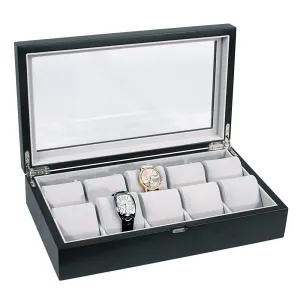 10 Satin Black Finish Wood Watch Box with Glass Top