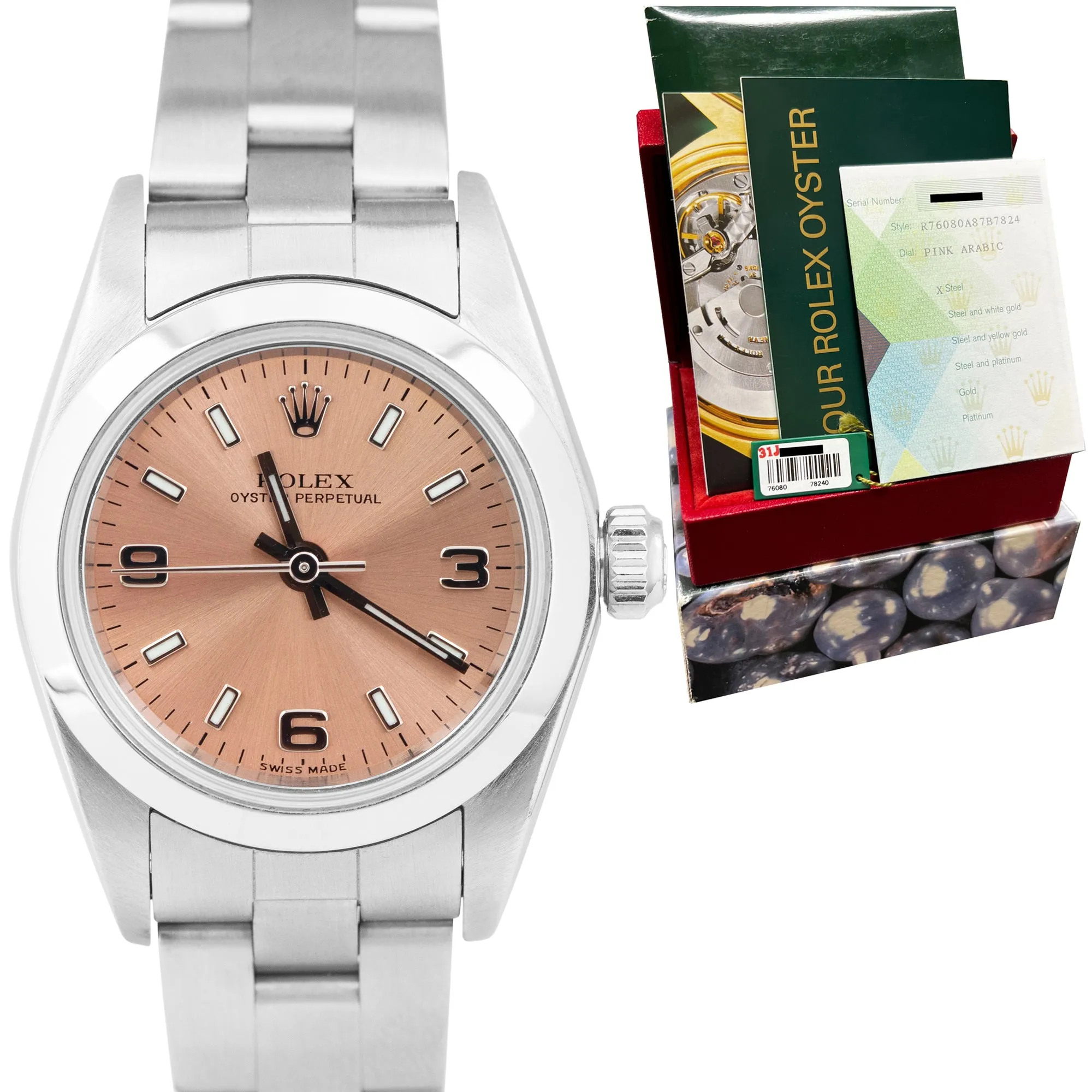 2003 Rolex Oyster Perpetual 24mm Pink Arabic Oyster NO-HOLES CASE Watch 76080