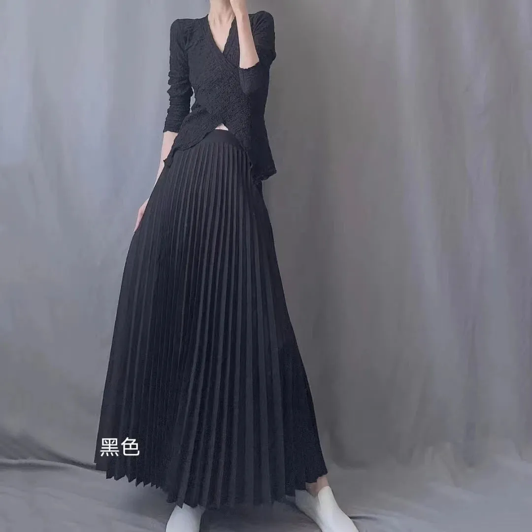 2025 Women’s Elegant High Waist Pleated Midi Skirt – Black