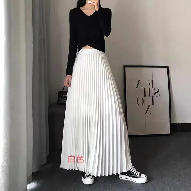 2025 Women’s Elegant High Waist Pleated Midi Skirt – Black