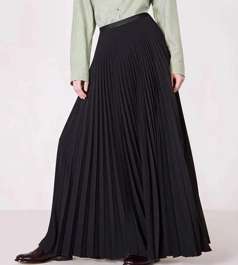 2025 Women’s Elegant High Waist Pleated Midi Skirt – Black