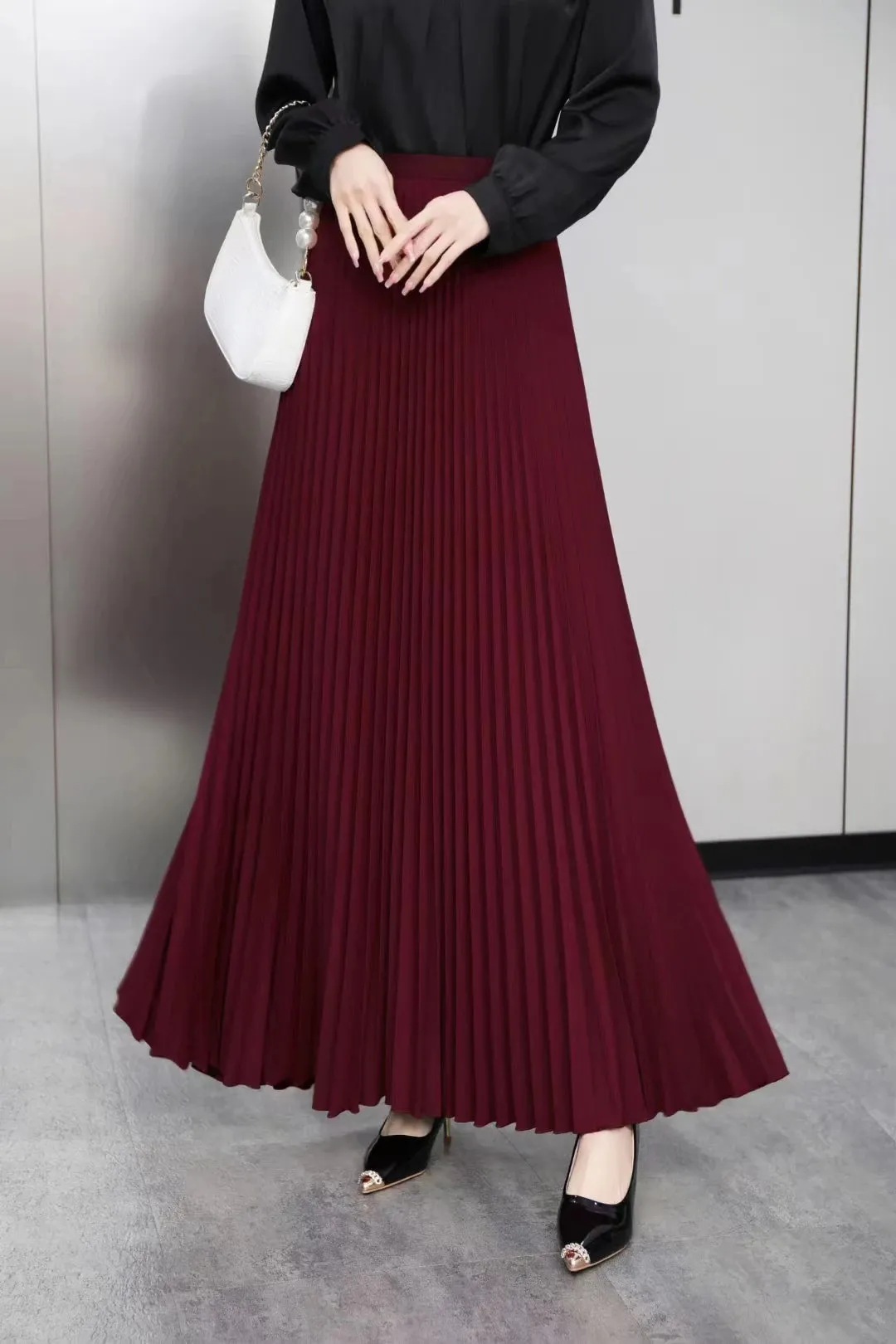 2025 Women’s Elegant High Waist Pleated Midi Skirt – Black