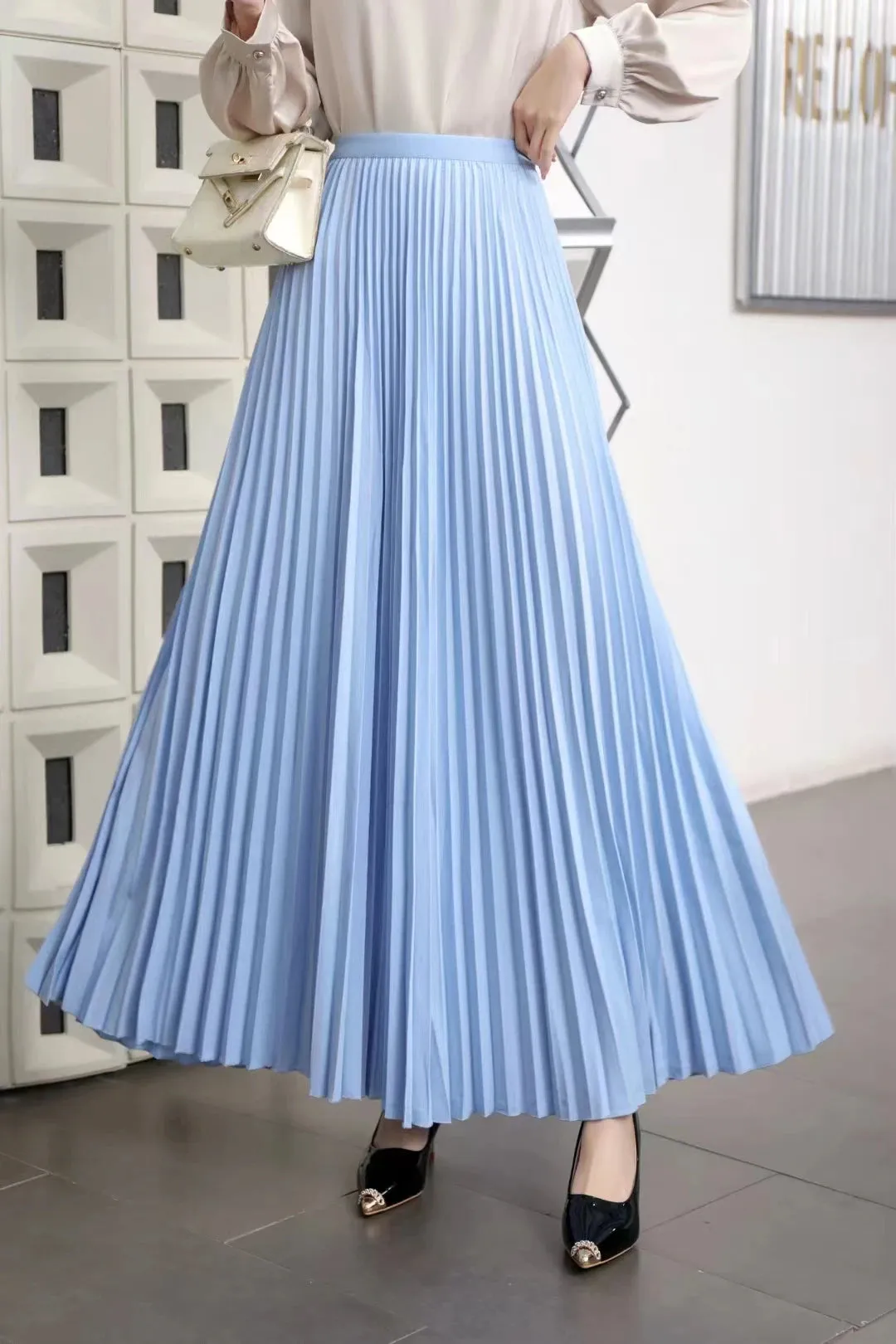 2025 Women’s Elegant High Waist Pleated Midi Skirt – Black