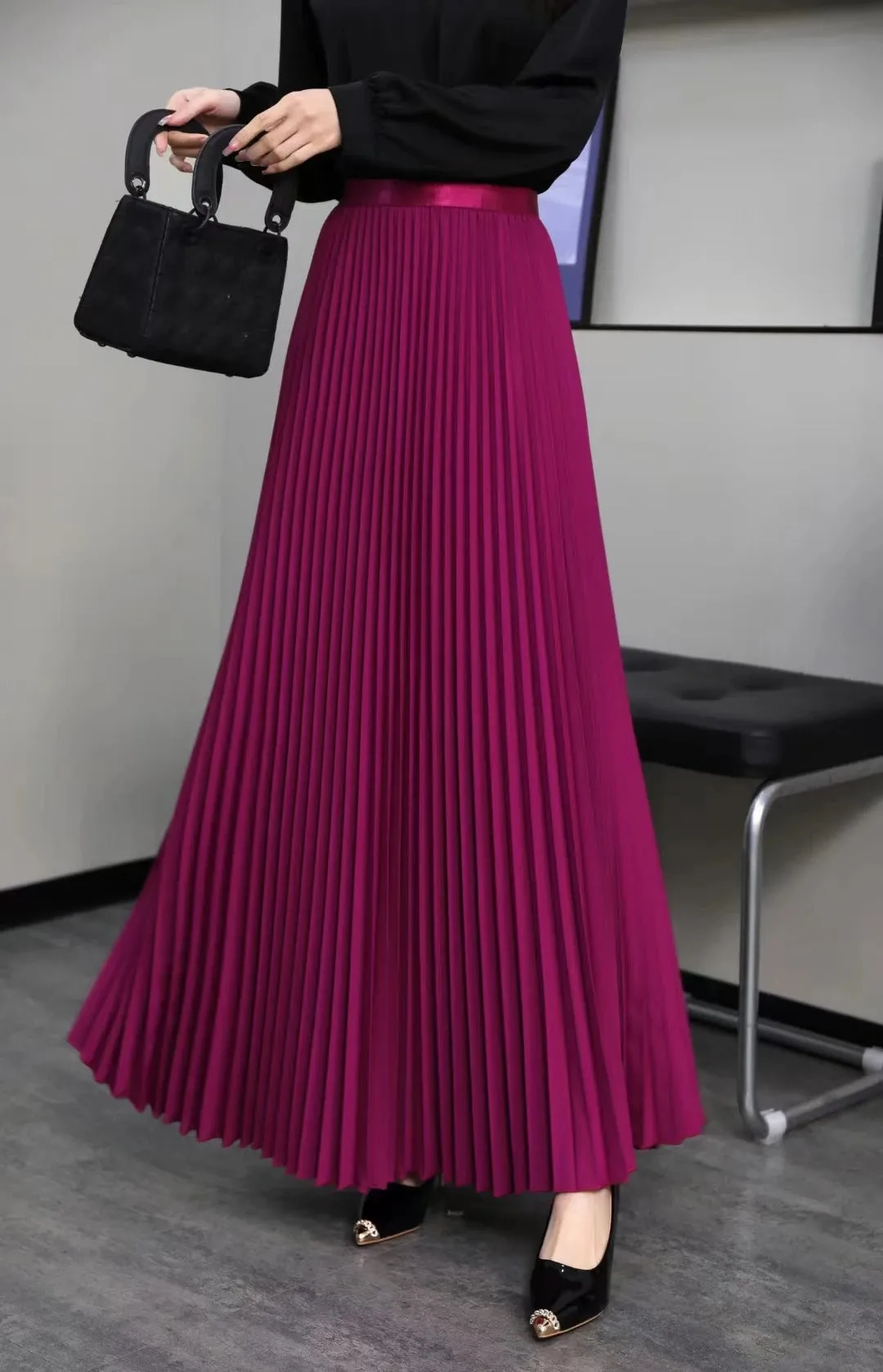 2025 Women’s Elegant High Waist Pleated Midi Skirt – Black