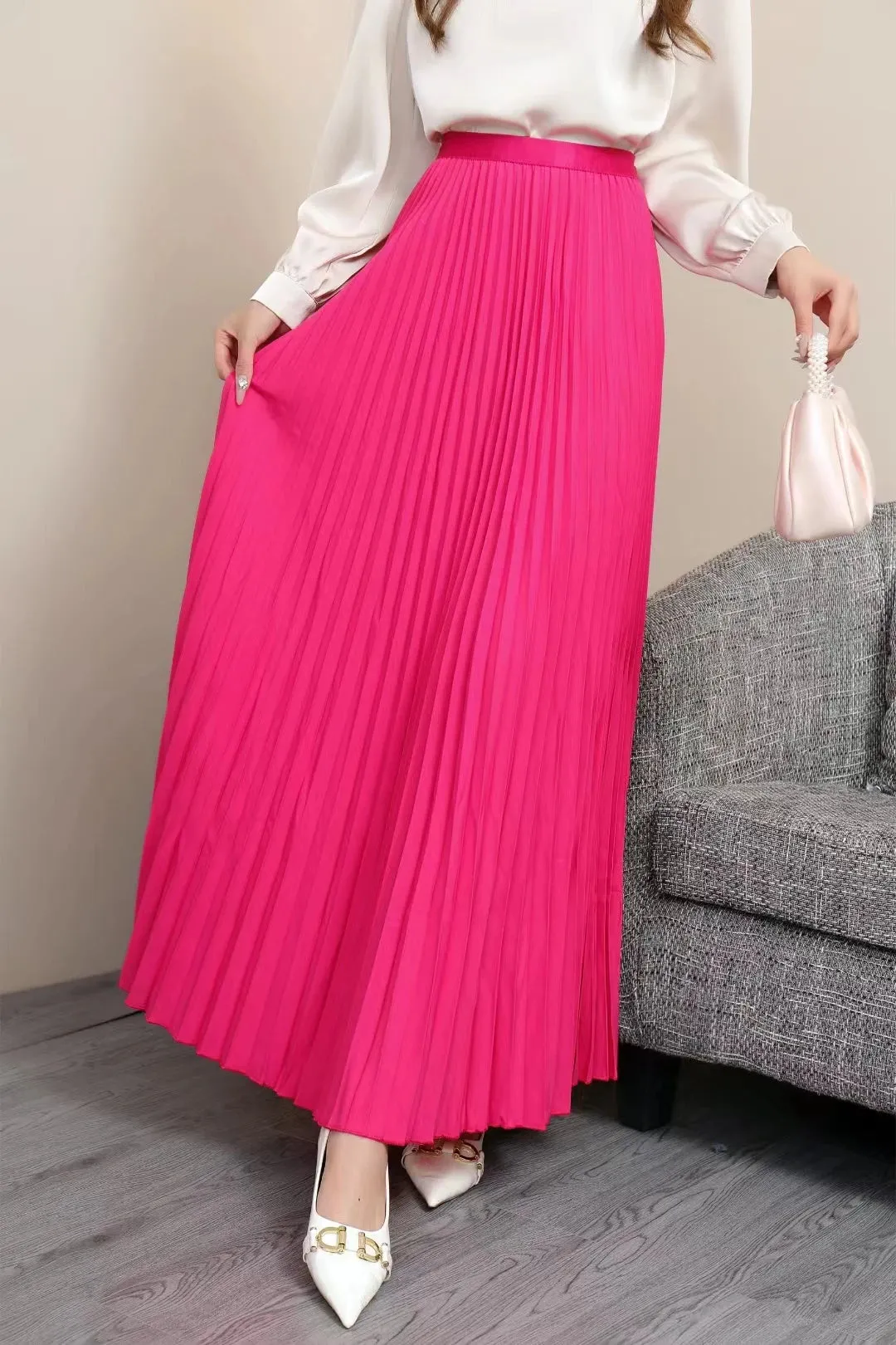 2025 Women’s Elegant High Waist Pleated Midi Skirt – Black