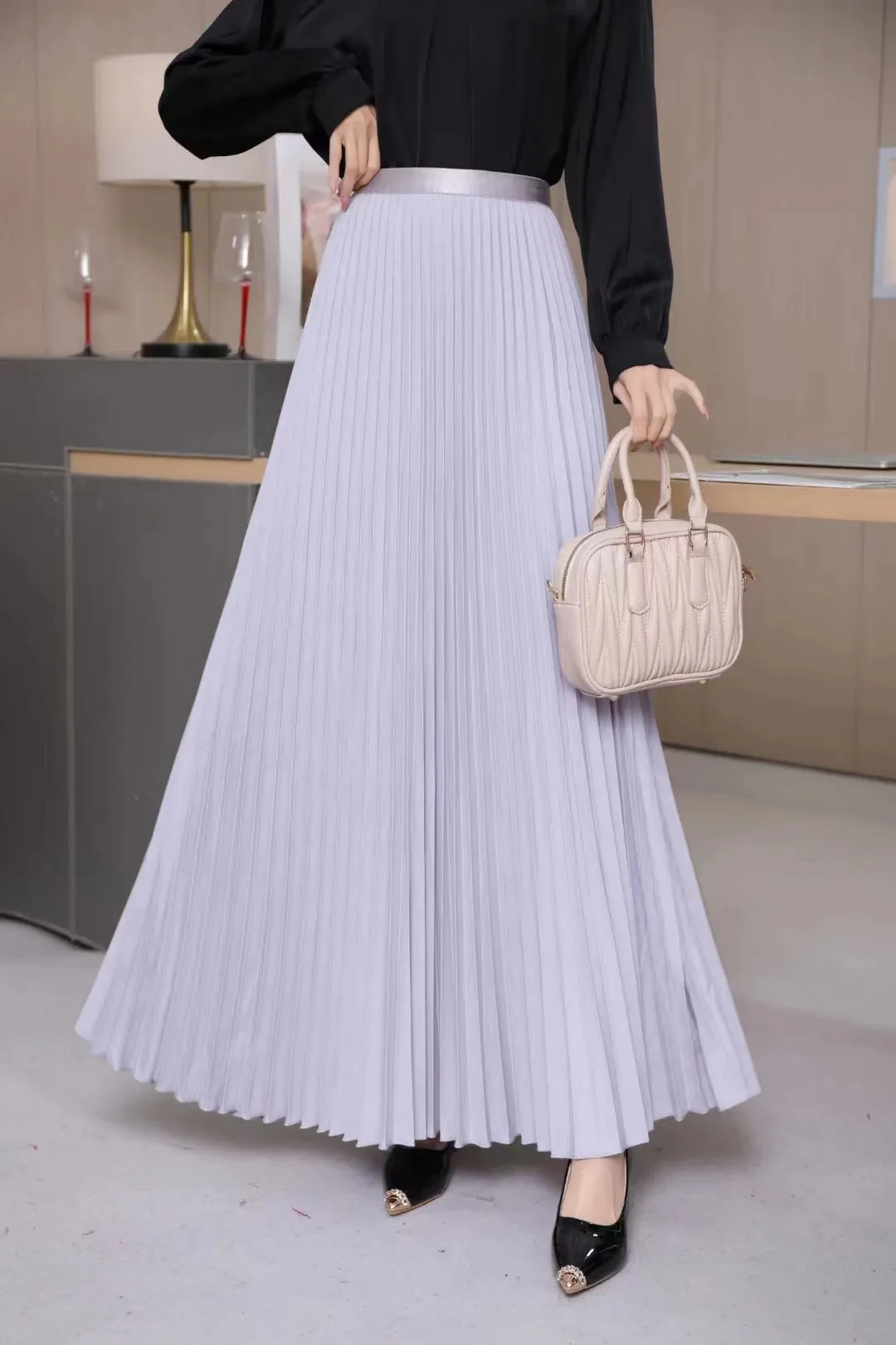 2025 Women’s Elegant High Waist Pleated Midi Skirt – Black