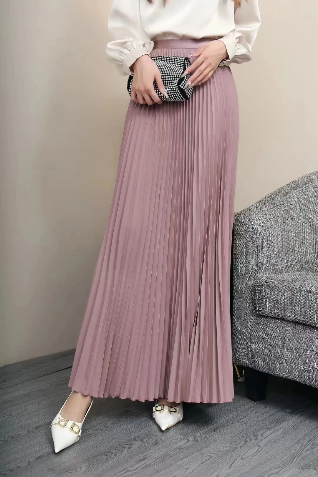 2025 Women’s Elegant High Waist Pleated Midi Skirt – Black