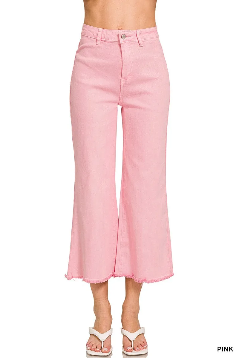 ACID WASHED HIGH WAIST FRAYED HEM STRAIG