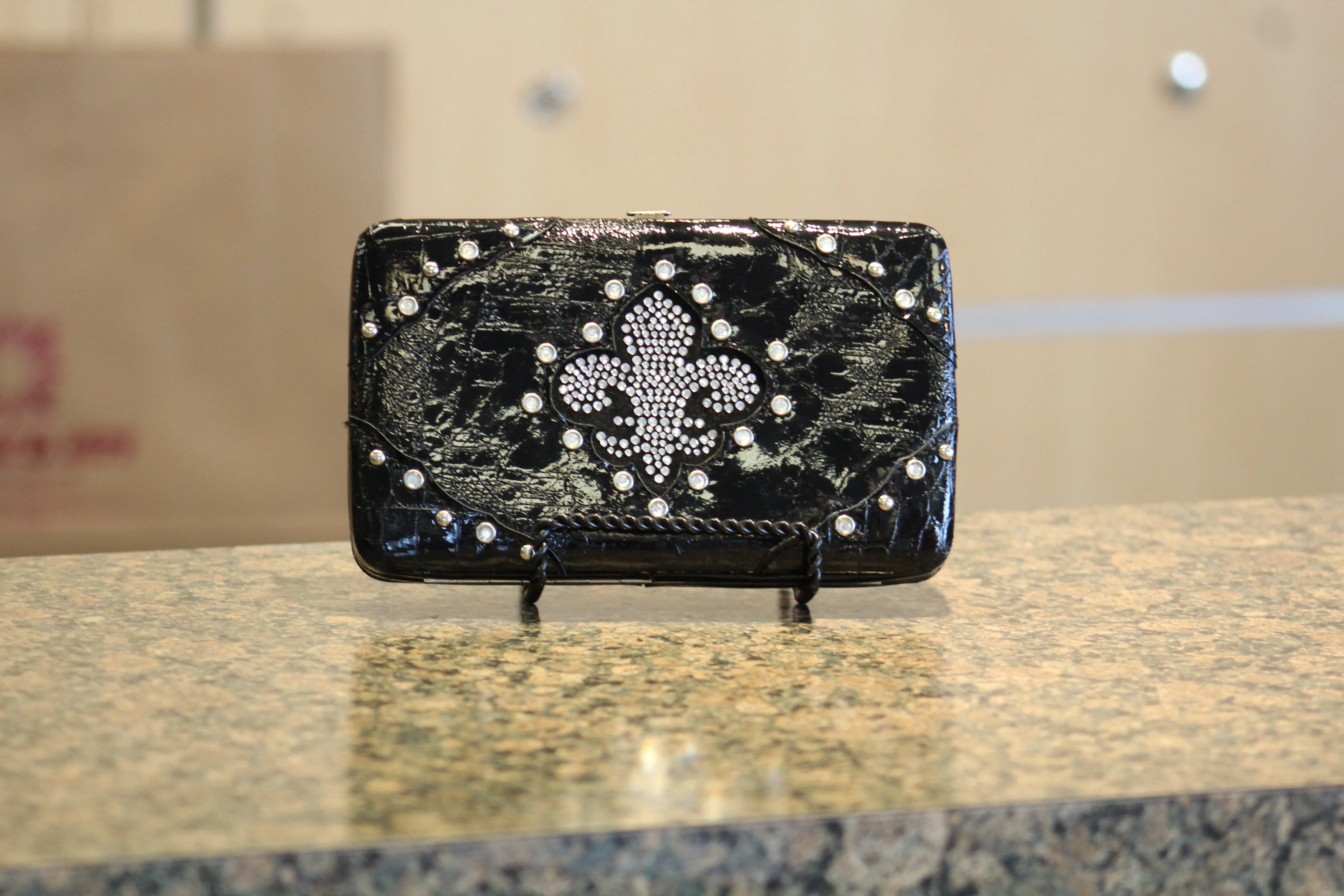 ADO | Embellished Fleur De Lis Clutch Wallet Black