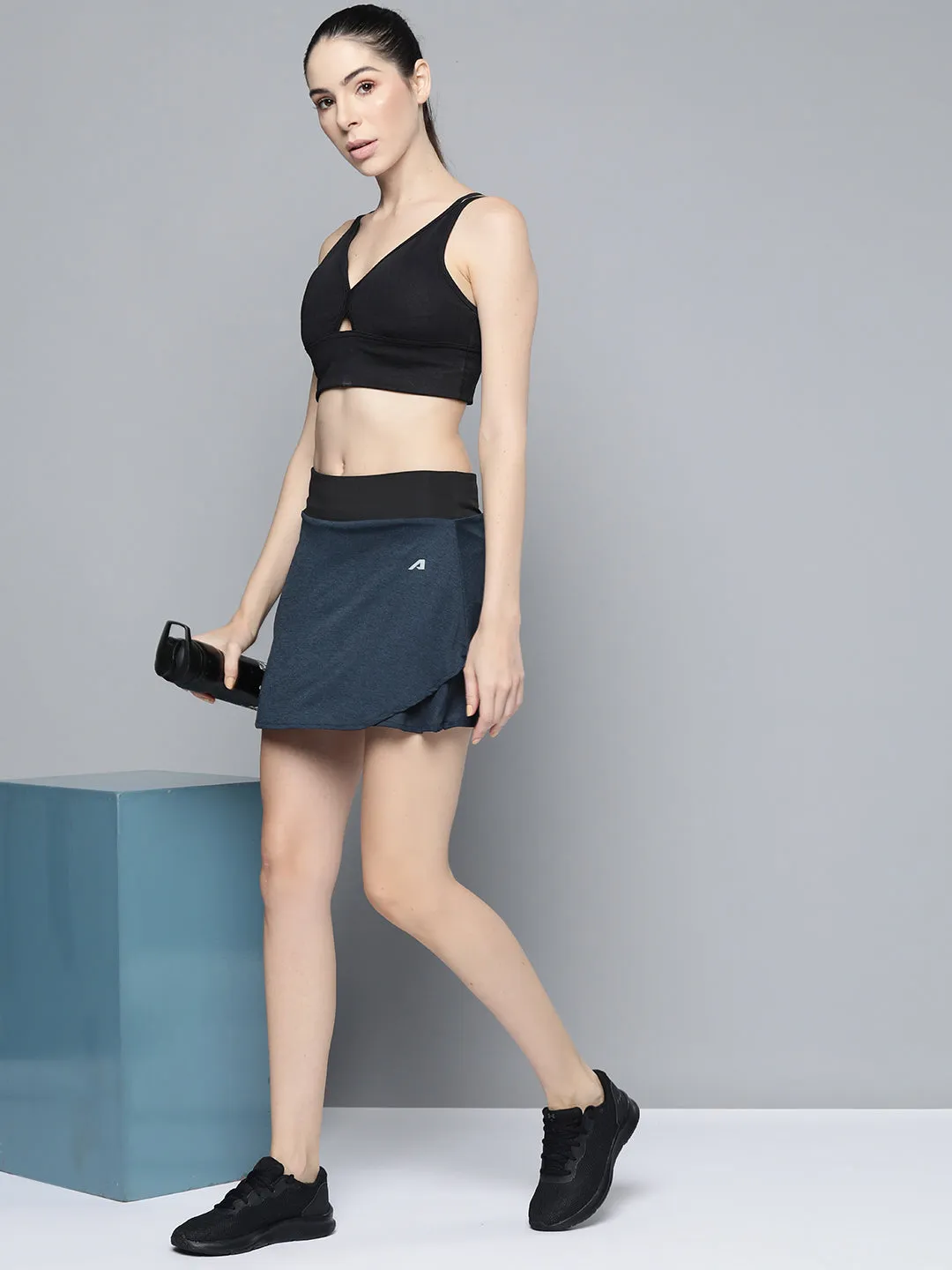 Alcis Women Navy Blue Black Solid Sports Wrap Mini Skirt