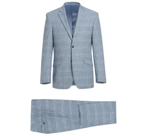 Alessandro Vitello by Renoir Light Blue 2-Piece Slim Fit Notch Lapel Stretch Windowpane Suit 293-3