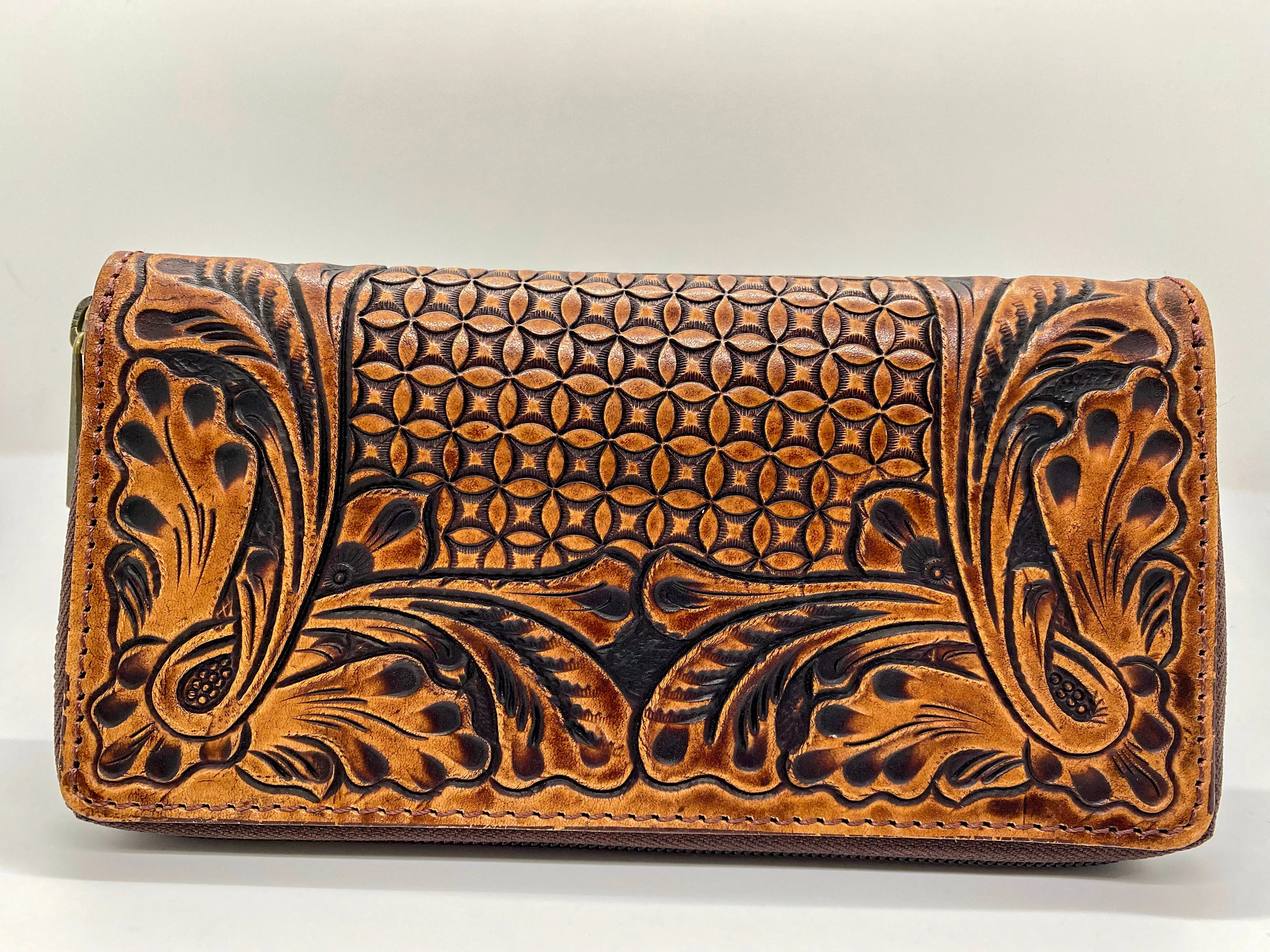 American Darling Hand Carved Leather Wallet Tan and Dark Brown With Zipper