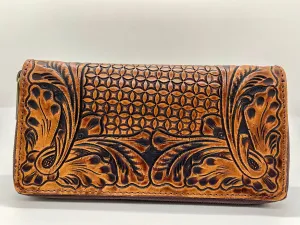American Darling Hand Carved Leather Wallet Tan and Dark Brown With Zipper