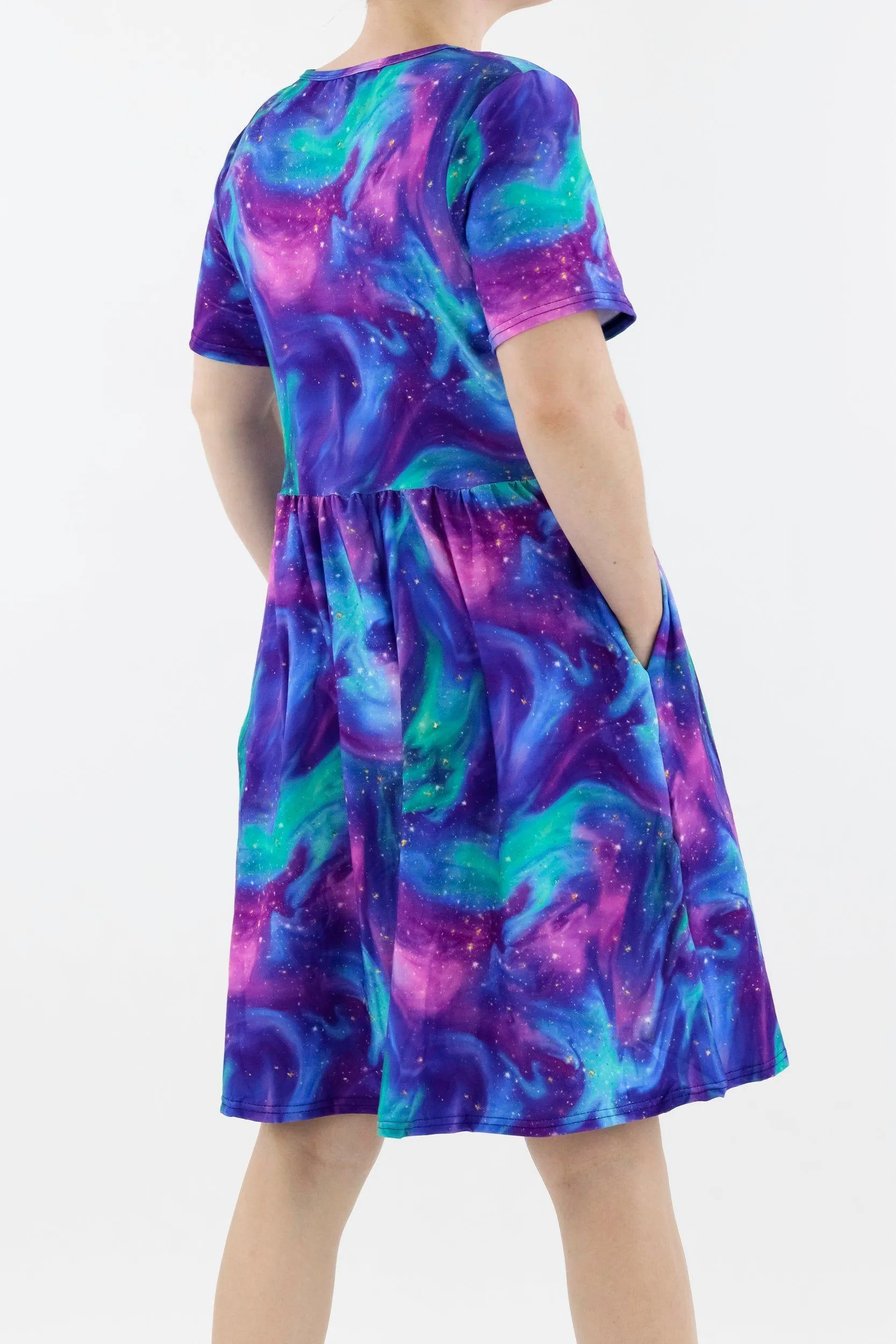 Aurora Sky - Short Sleeve Skater Dress - Knee Length - Side Pockets