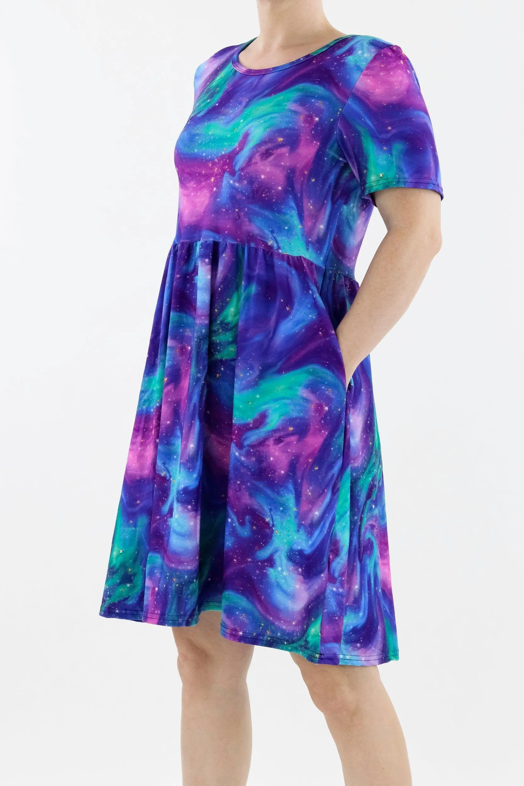 Aurora Sky - Short Sleeve Skater Dress - Knee Length - Side Pockets