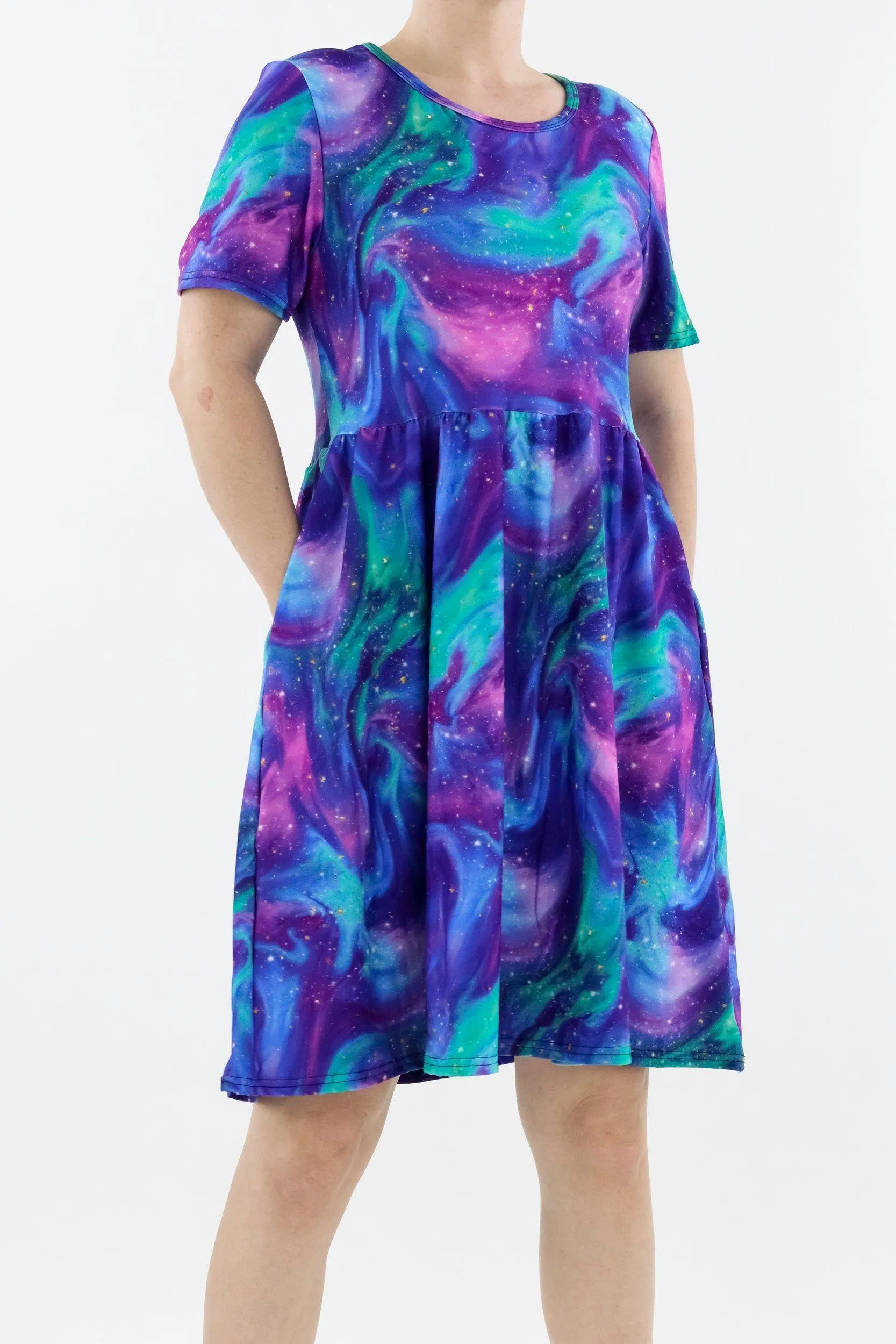 Aurora Sky - Short Sleeve Skater Dress - Knee Length - Side Pockets