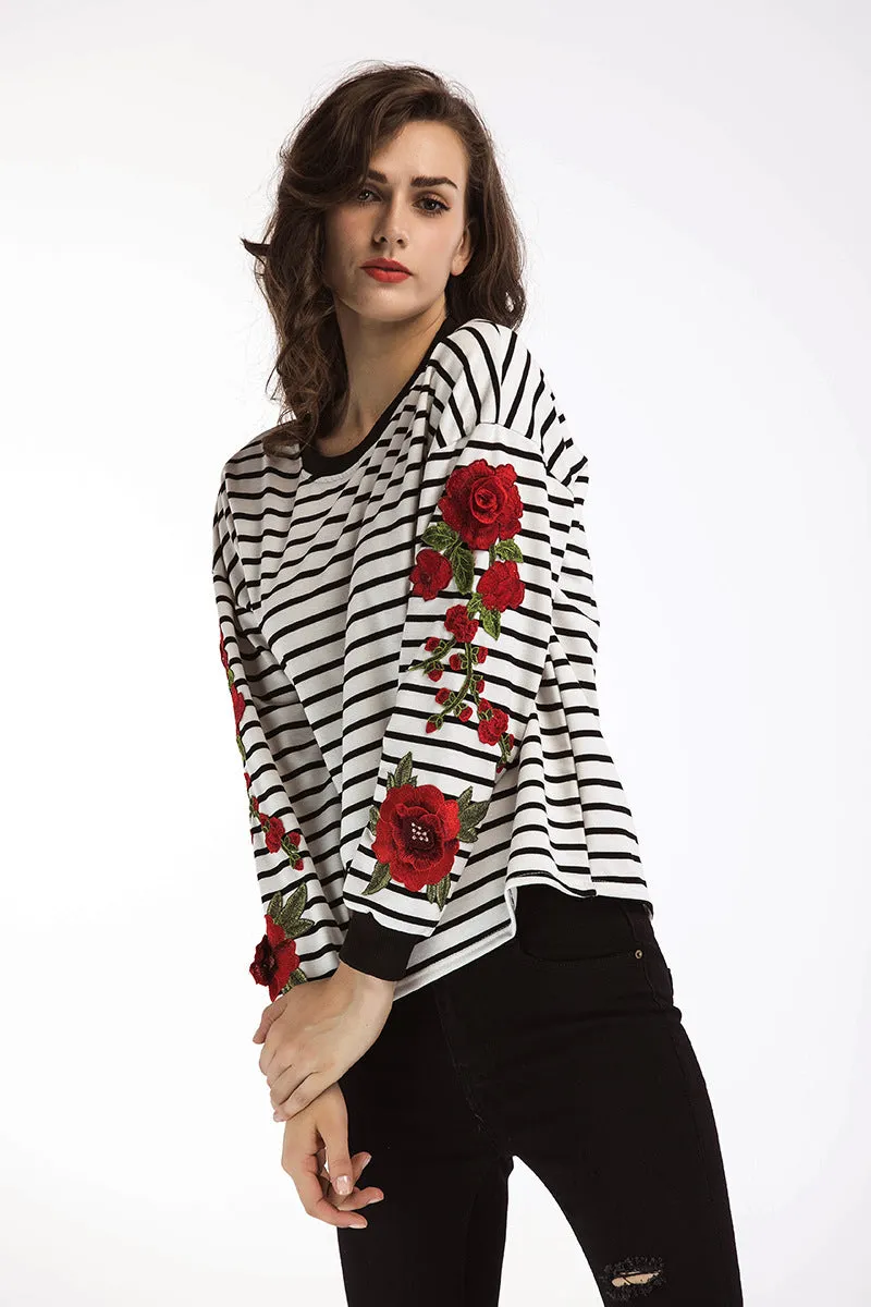 Autumn Women's T-shirt New Round Neck Long-sleeved Striped Embroidered T-shirt