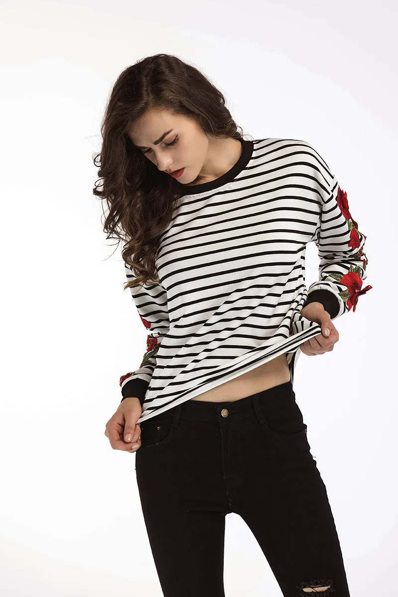 Autumn Women's T-shirt New Round Neck Long-sleeved Striped Embroidered T-shirt