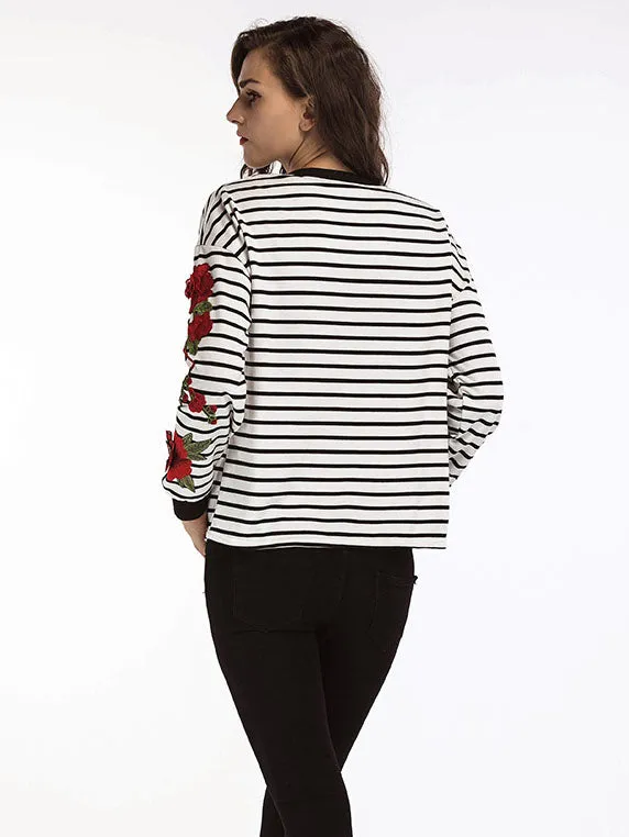 Autumn Women's T-shirt New Round Neck Long-sleeved Striped Embroidered T-shirt