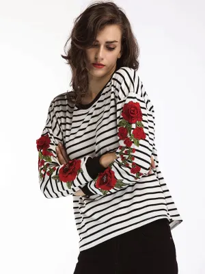 Autumn Women's T-shirt New Round Neck Long-sleeved Striped Embroidered T-shirt