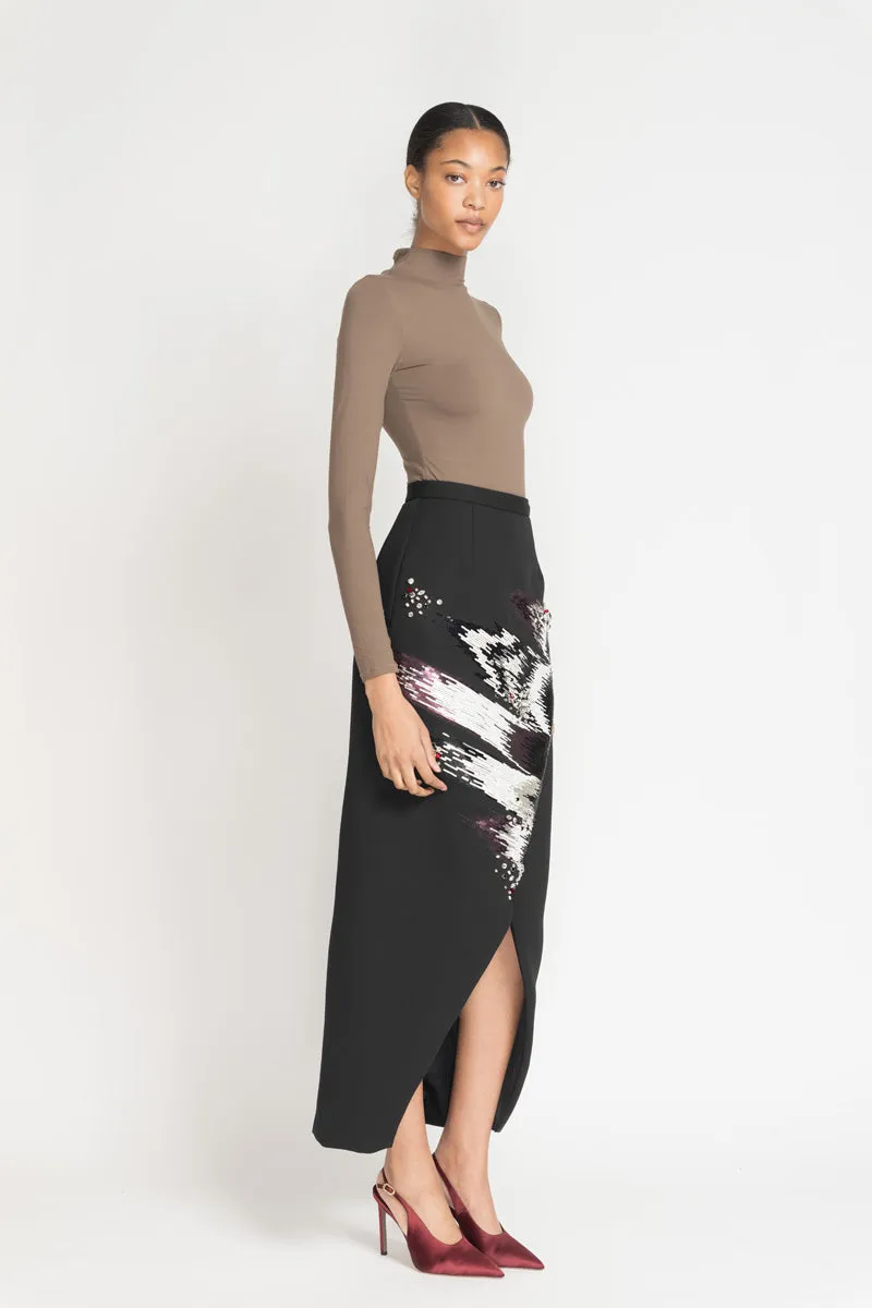 Black Cady Wrap Skirt with Odisha Ikat Embroidery