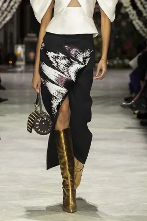Black Cady Wrap Skirt with Odisha Ikat Embroidery