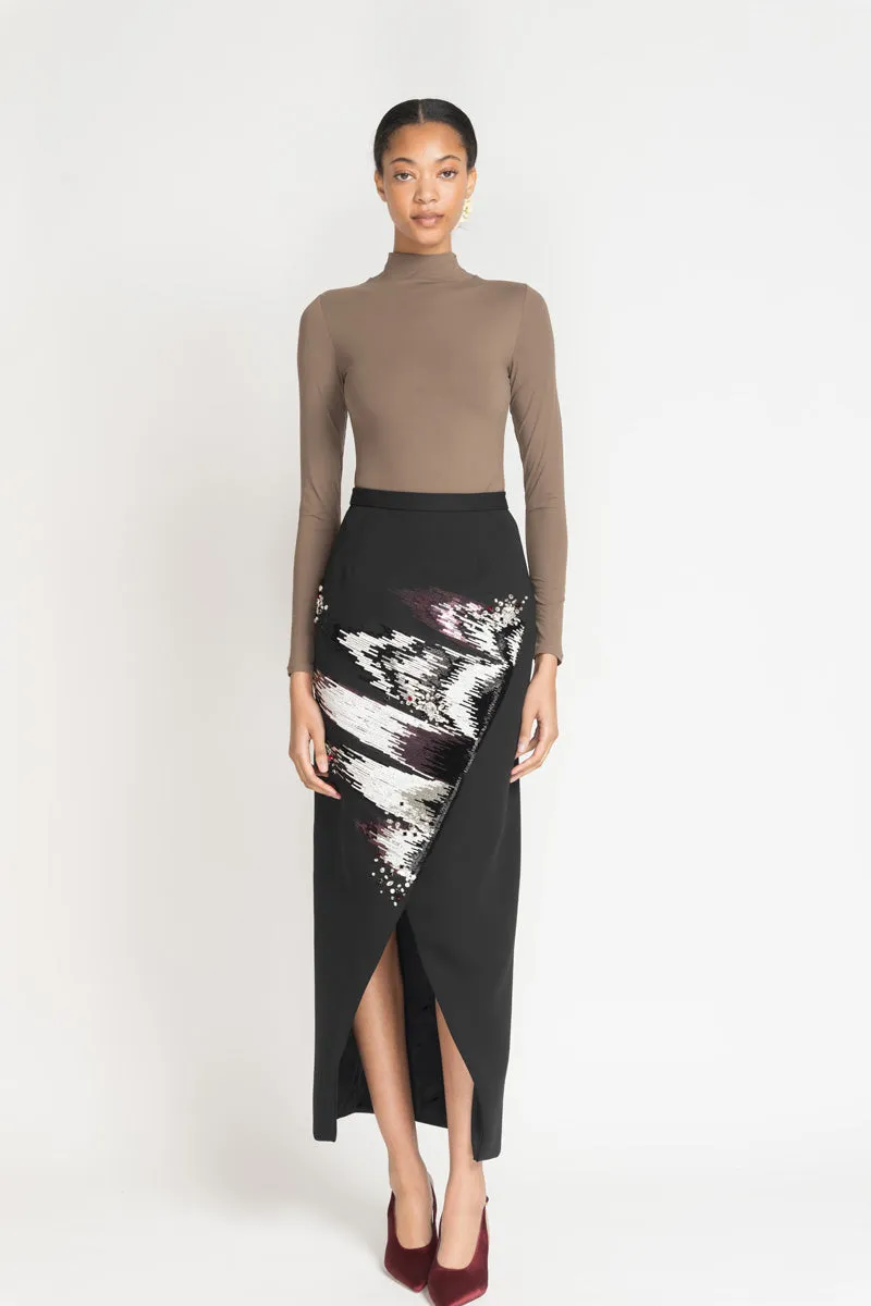 Black Cady Wrap Skirt with Odisha Ikat Embroidery