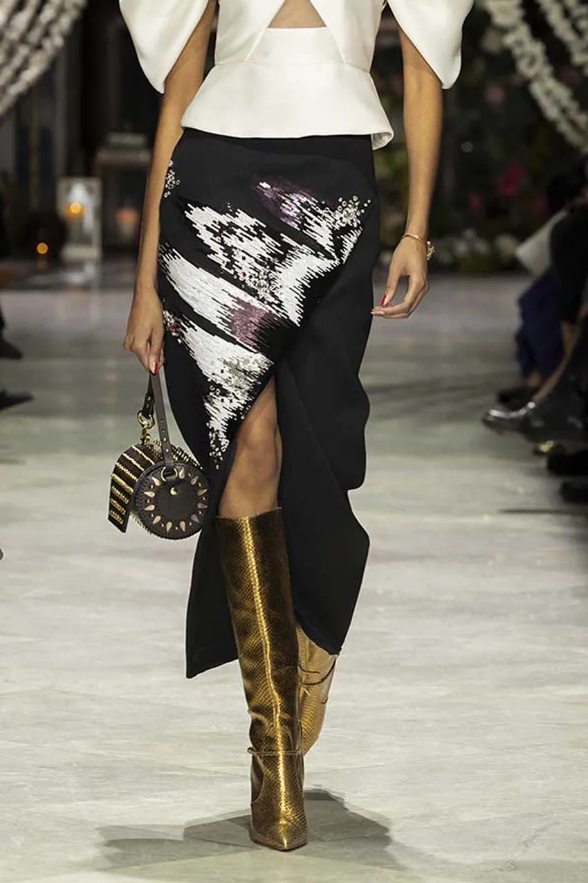 Black Cady Wrap Skirt with Odisha Ikat Embroidery
