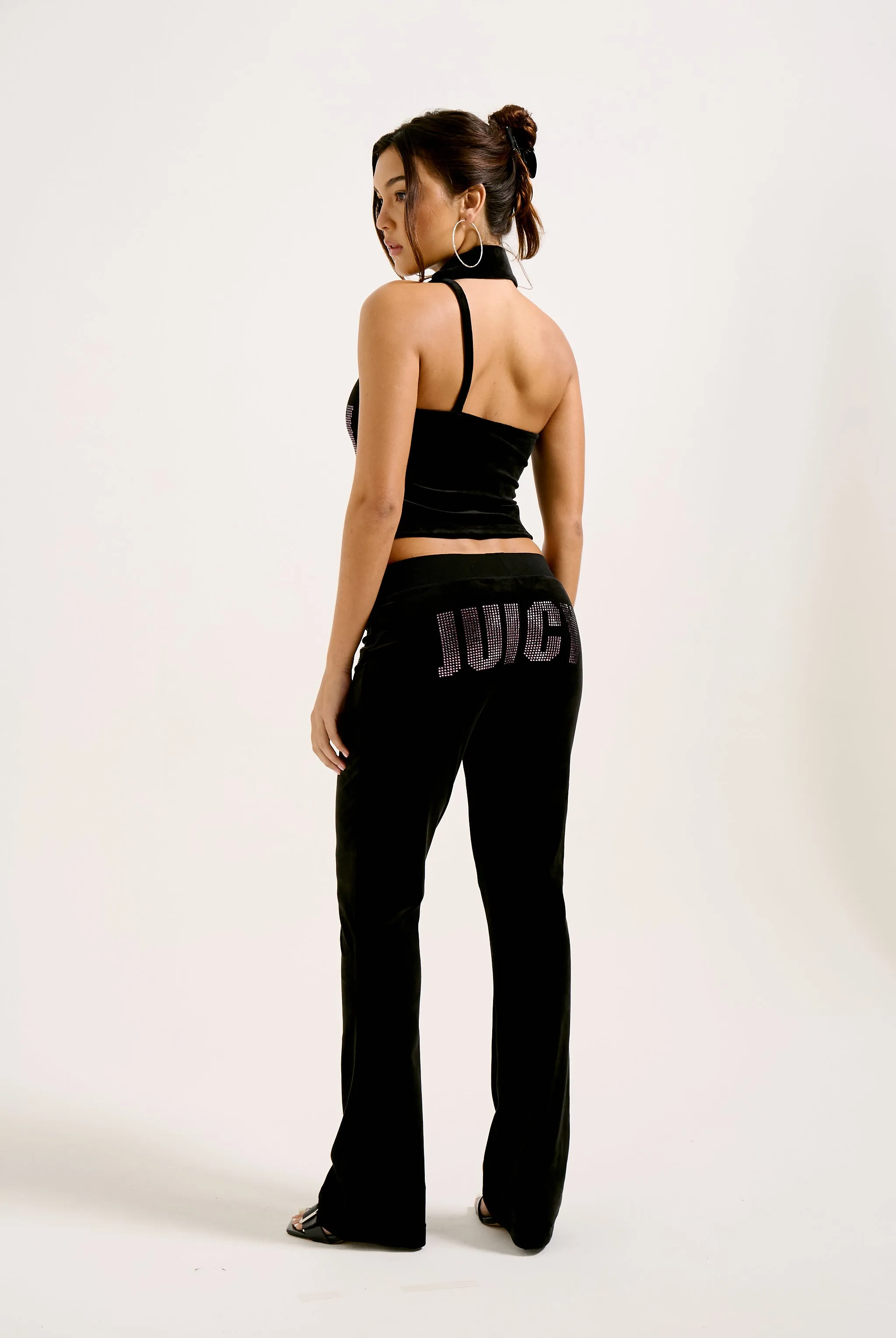 BLACK DIAMANTE IMPACT LOW RISE VELOUR TRACKPANT
