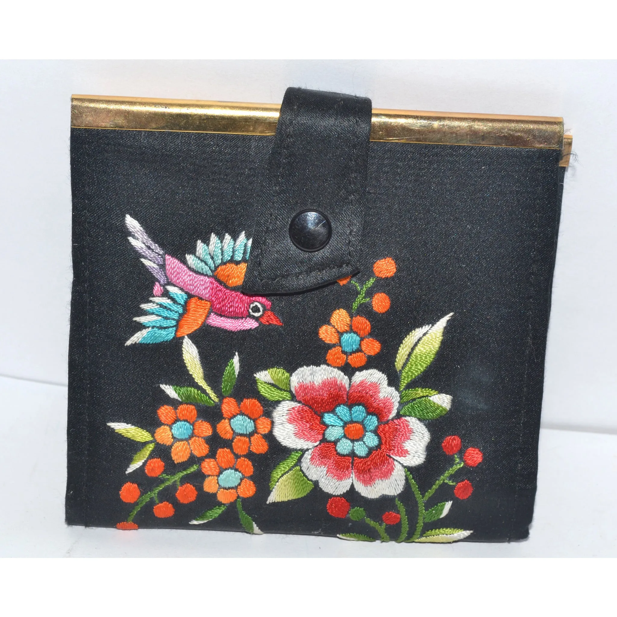 Black Embroidered Bird Motif Wallet