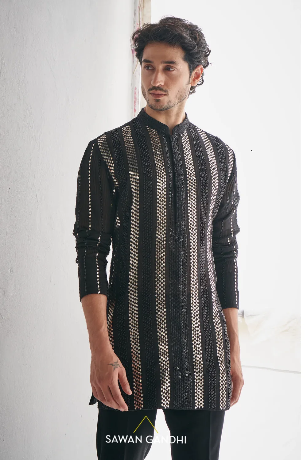 Black Gicha Metal Sequins Kurta