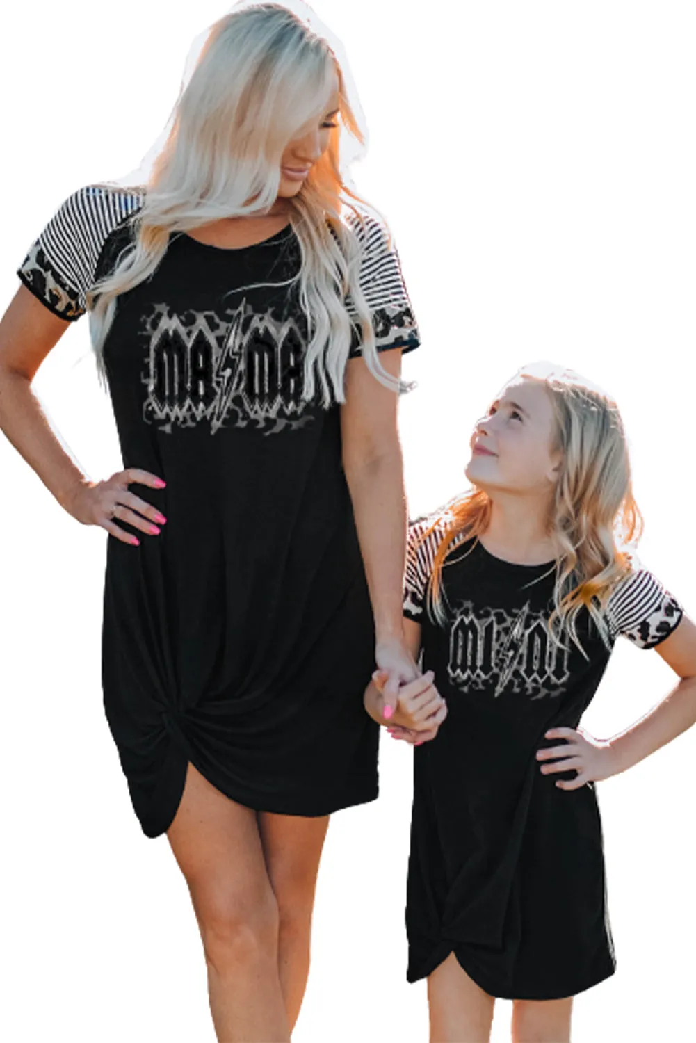 Black Little Girl Mini Print Striped Leopard Sleeve T Shirt Dress with Twist