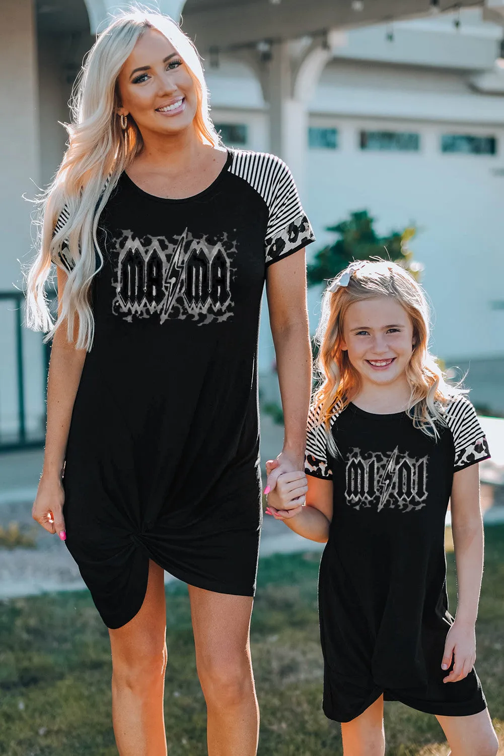Black Little Girl Mini Print Striped Leopard Sleeve T Shirt Dress with Twist