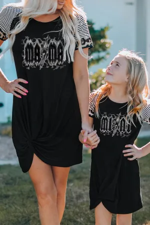 Black Little Girl Mini Print Striped Leopard Sleeve T Shirt Dress with Twist