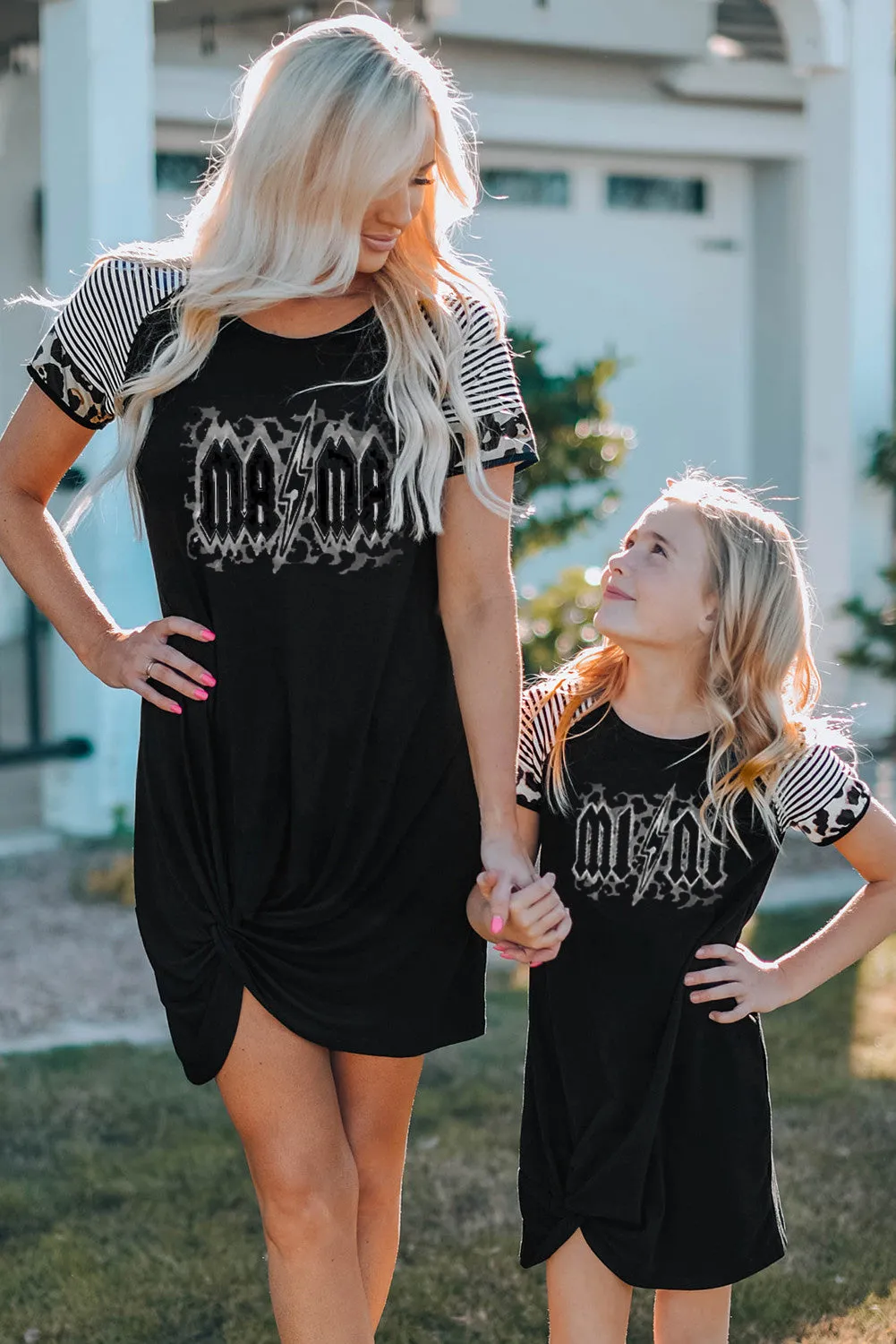 Black Little Girl Mini Print Striped Leopard Sleeve T Shirt Dress with Twist
