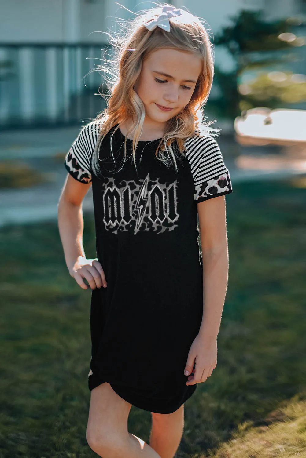 Black Little Girl Mini Print Striped Leopard Sleeve T Shirt Dress with Twist