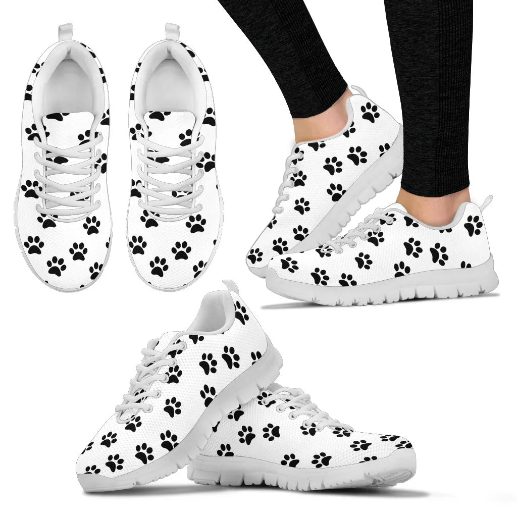 Black Paw Print On Women's White Sneakers White Soles