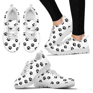 Black Paw Print On Women's White Sneakers White Soles