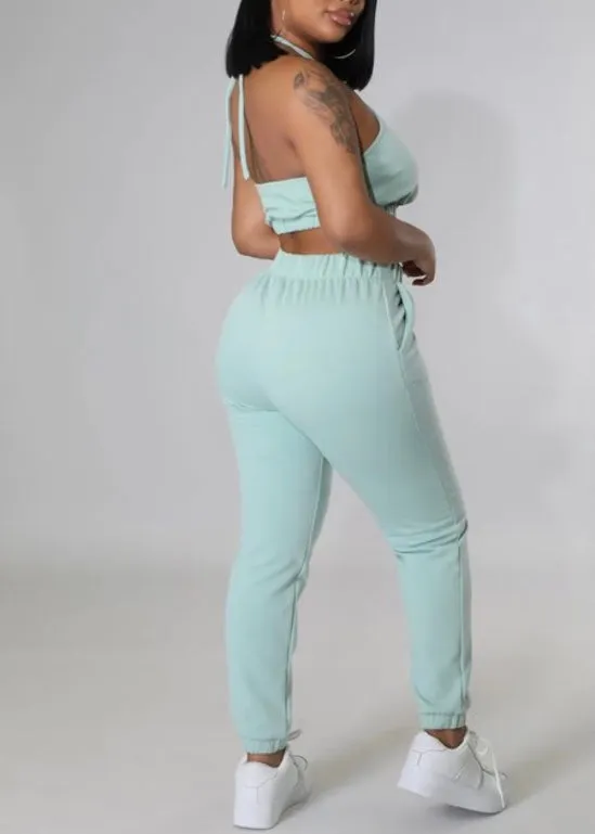 Blashe Halter Tank & Jogger Pants Set (Light Sage) 2C-SET03344