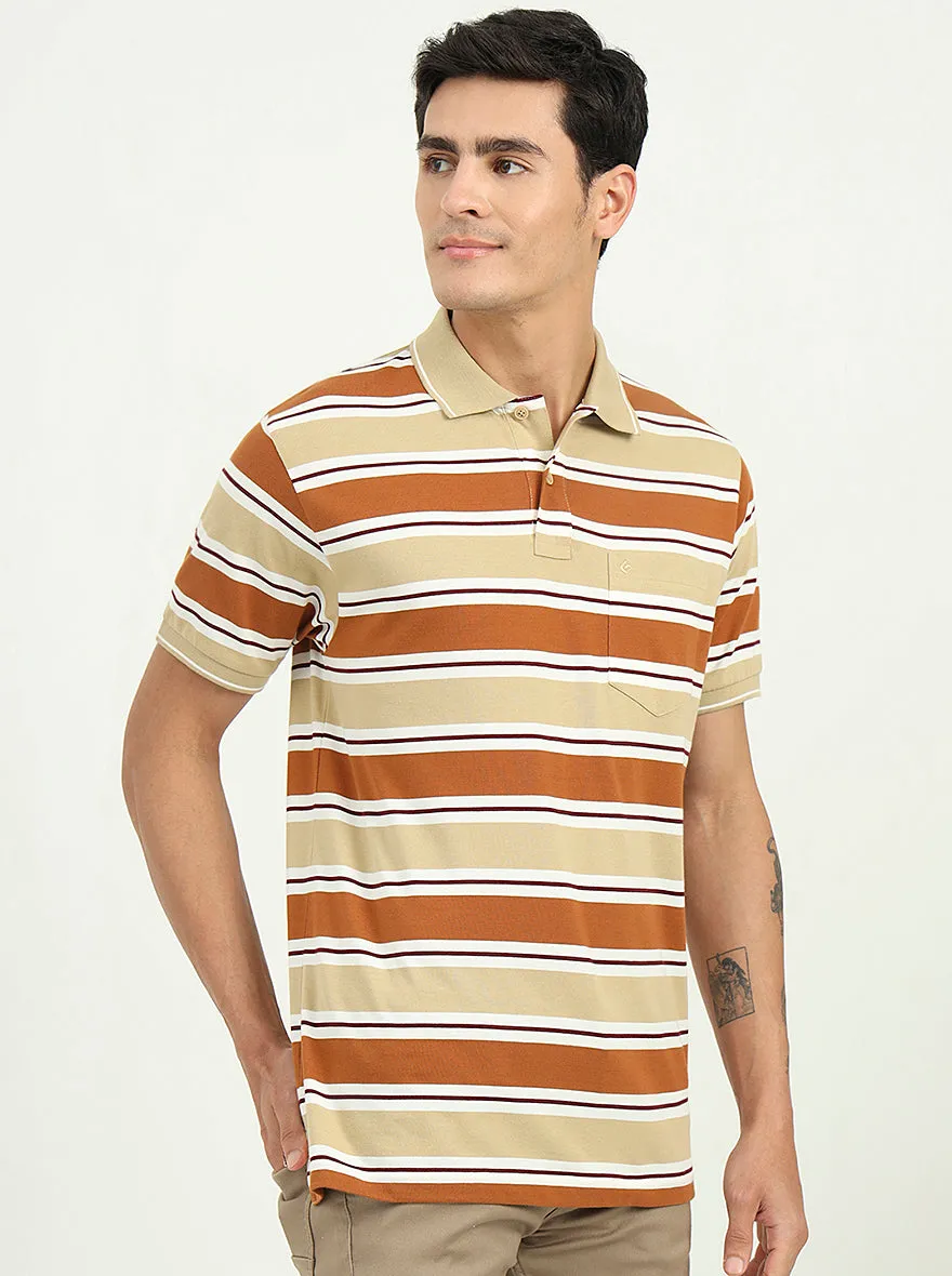 Brown & Beige Striped Slim Fit Polo T-Shirt | Greenfibre