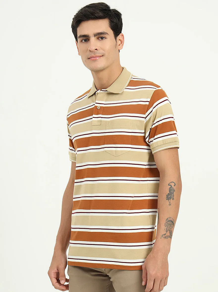 Brown & Beige Striped Slim Fit Polo T-Shirt | Greenfibre