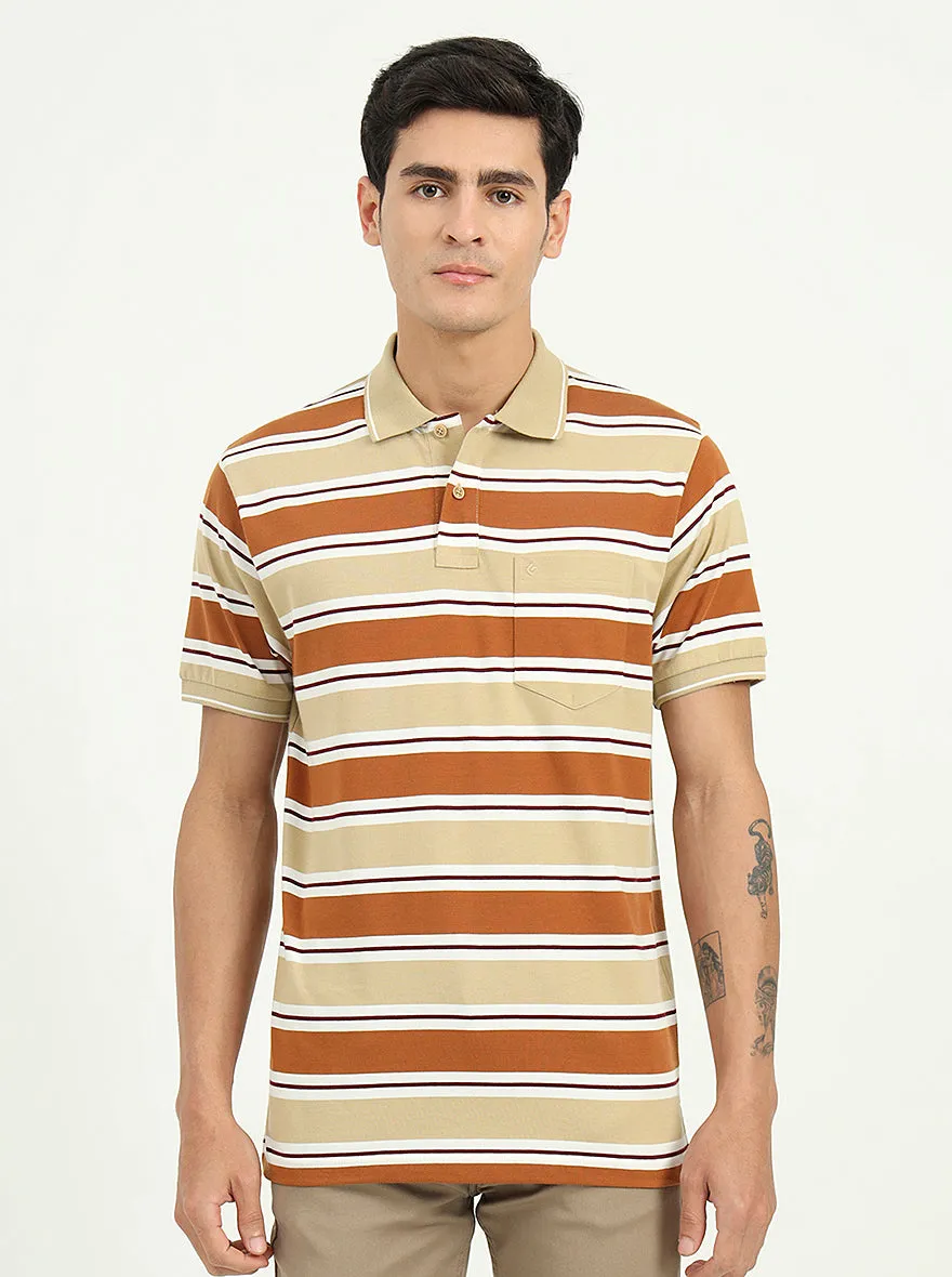 Brown & Beige Striped Slim Fit Polo T-Shirt | Greenfibre
