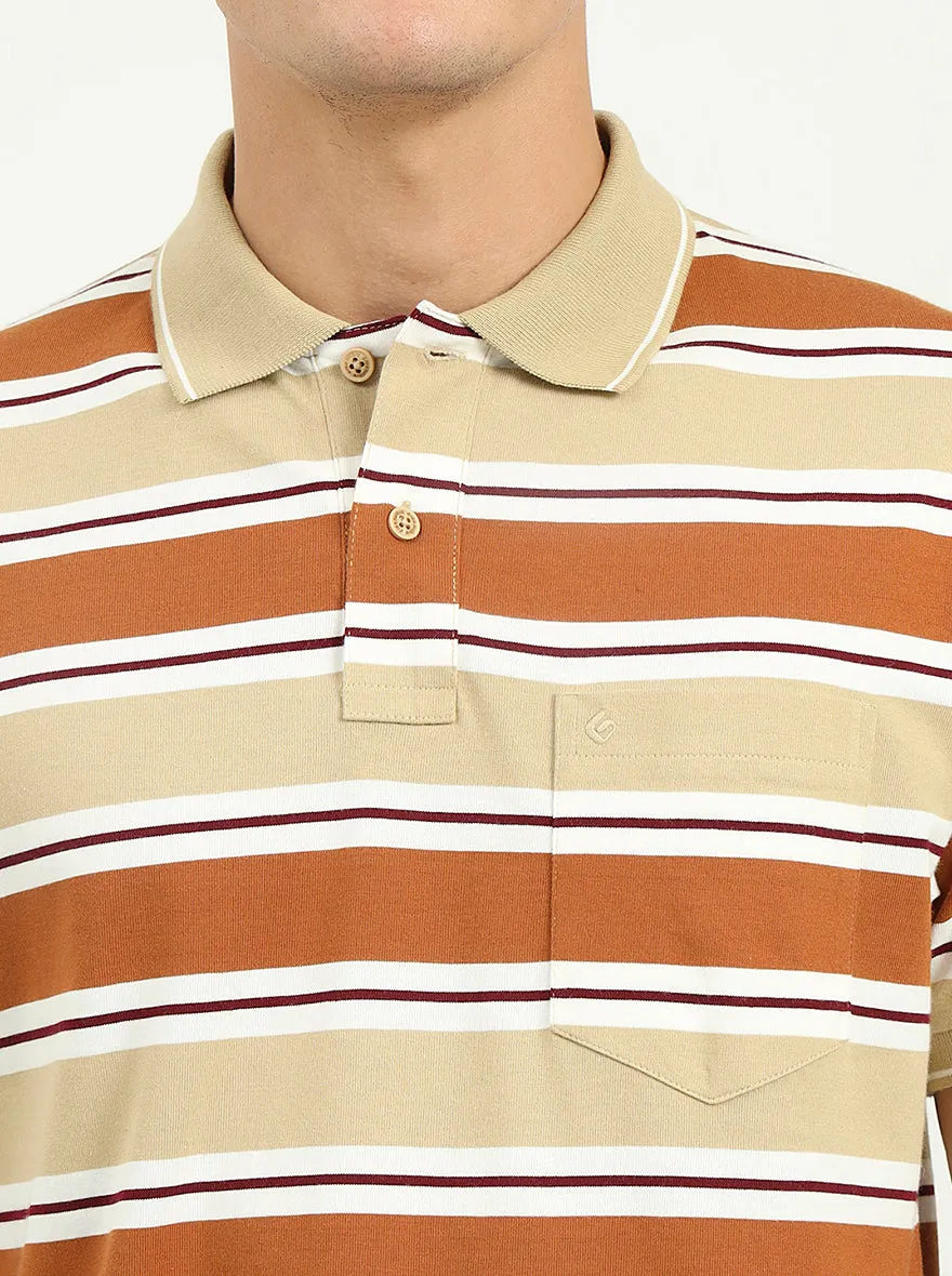 Brown & Beige Striped Slim Fit Polo T-Shirt | Greenfibre