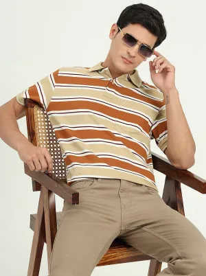 Brown & Beige Striped Slim Fit Polo T-Shirt | Greenfibre