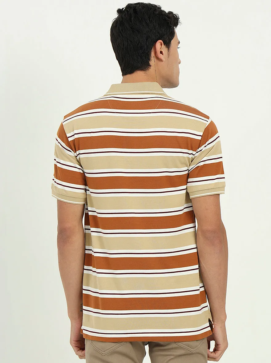 Brown & Beige Striped Slim Fit Polo T-Shirt | Greenfibre
