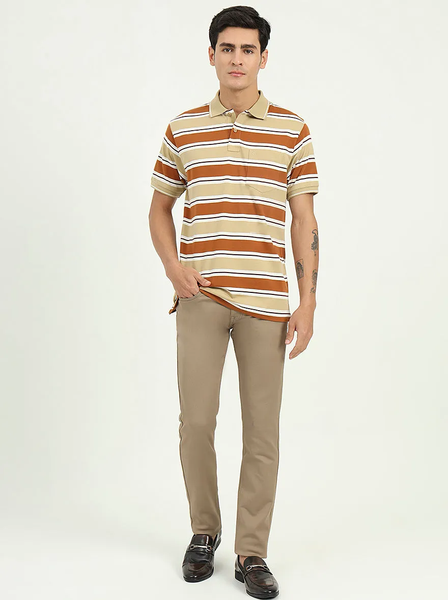 Brown & Beige Striped Slim Fit Polo T-Shirt | Greenfibre