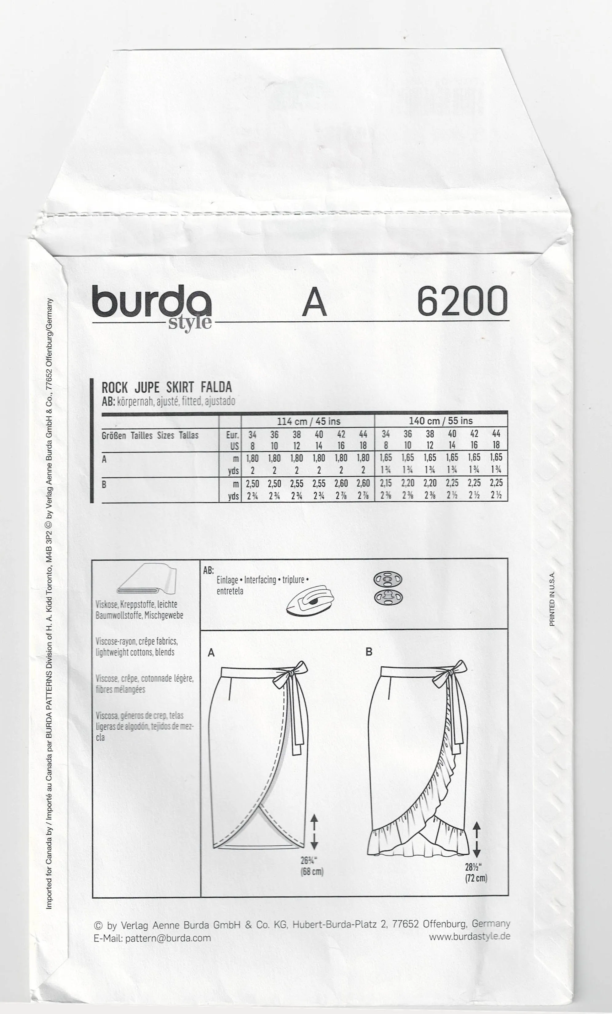 Burda 6200 Womens EASY Wrap Skirts Out Of Print Sewing Pattern Sizes 8 - 18 UNCUT Factory Folded