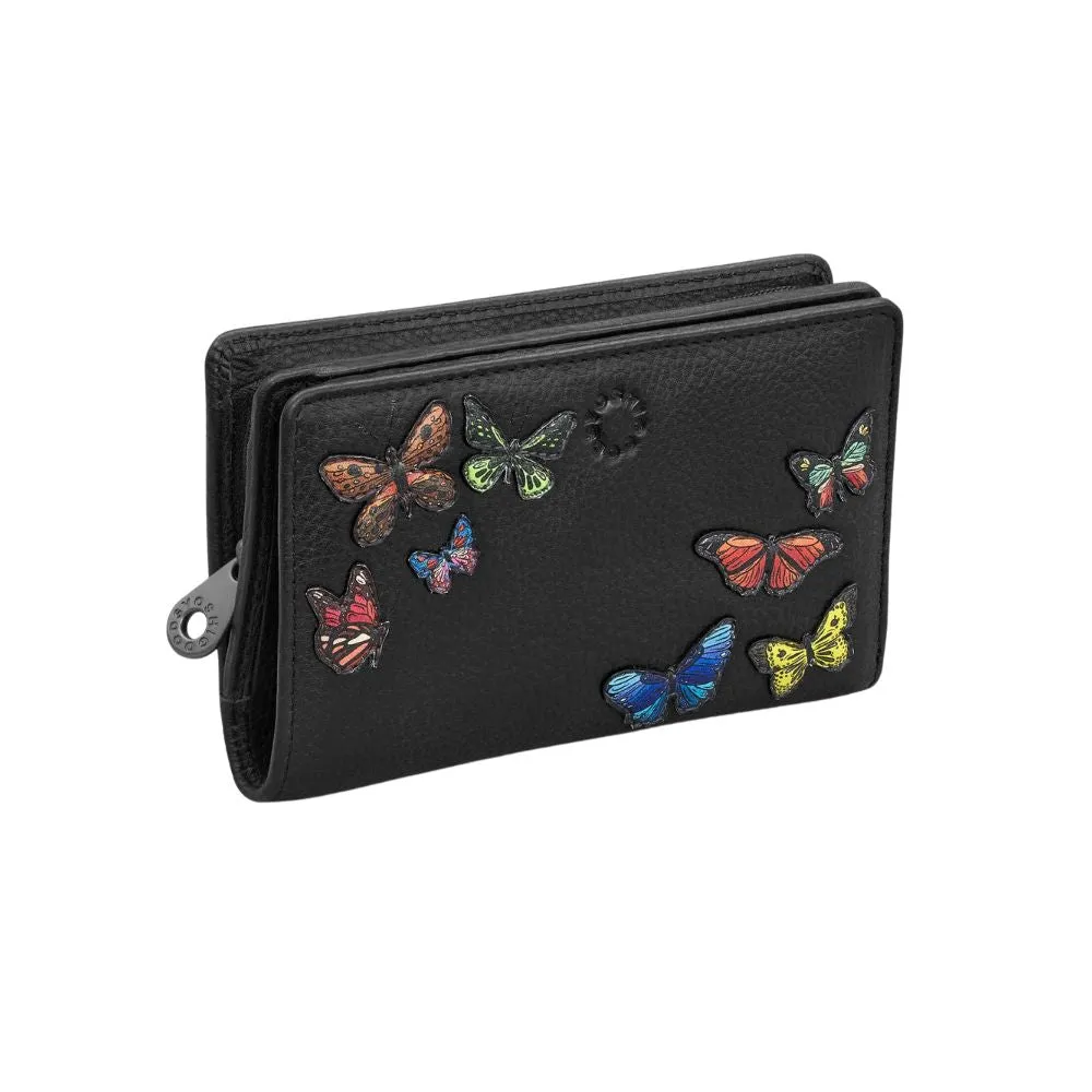 Butterflies Zip Around Black Leather Purse