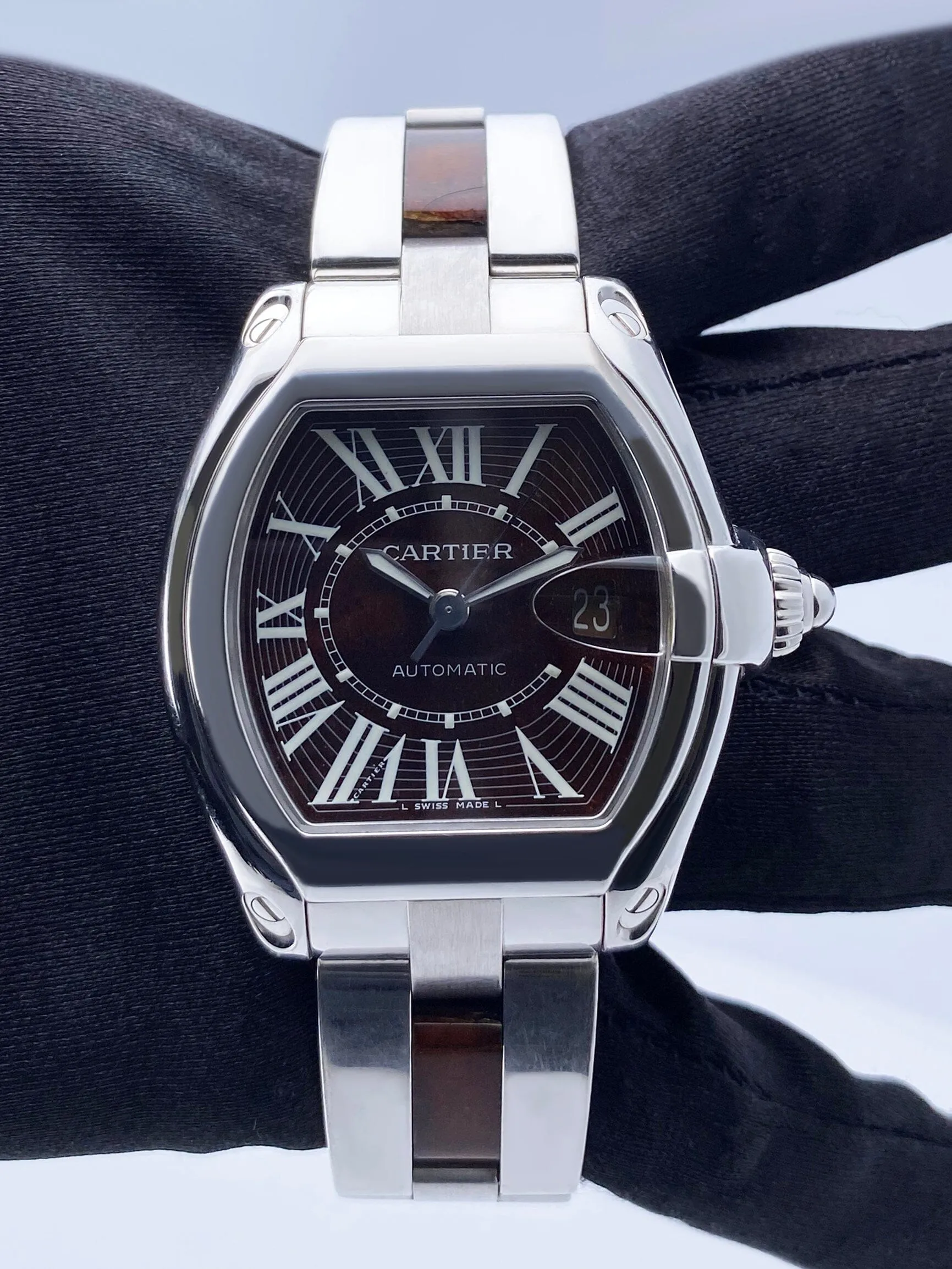 Cartier Roadster XL W6206000 Wood Dial White Gold Mens Watch